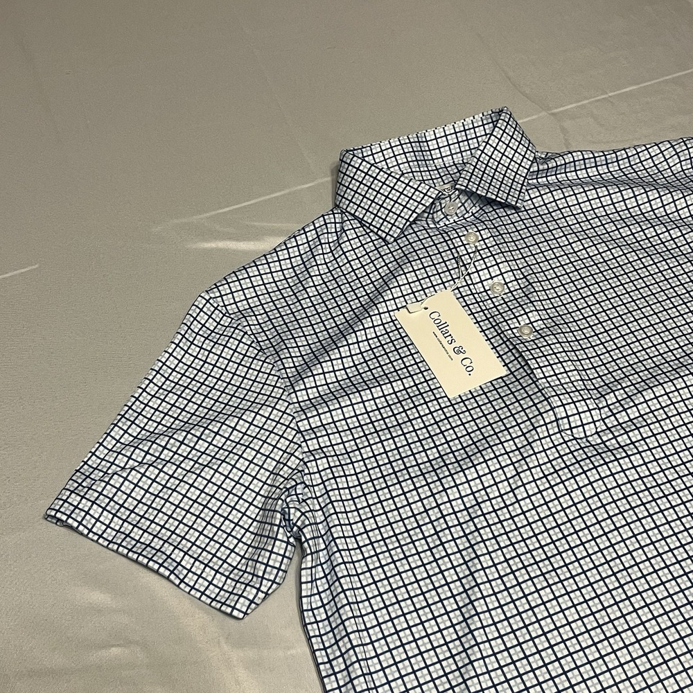 NWT Collars and Co Dress Collar Polo Shirt Mens S Blue Tattersall Performance